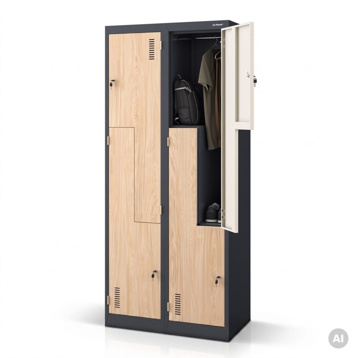 Szafa socjalna ubraniowa typu L, czterokomorowa, antracytowa/dąb sonoma, 800x1850x450 mm: JULIA Eco Design | Meble DUO 2259 julia antracytowy dab sonoma feature pl 01