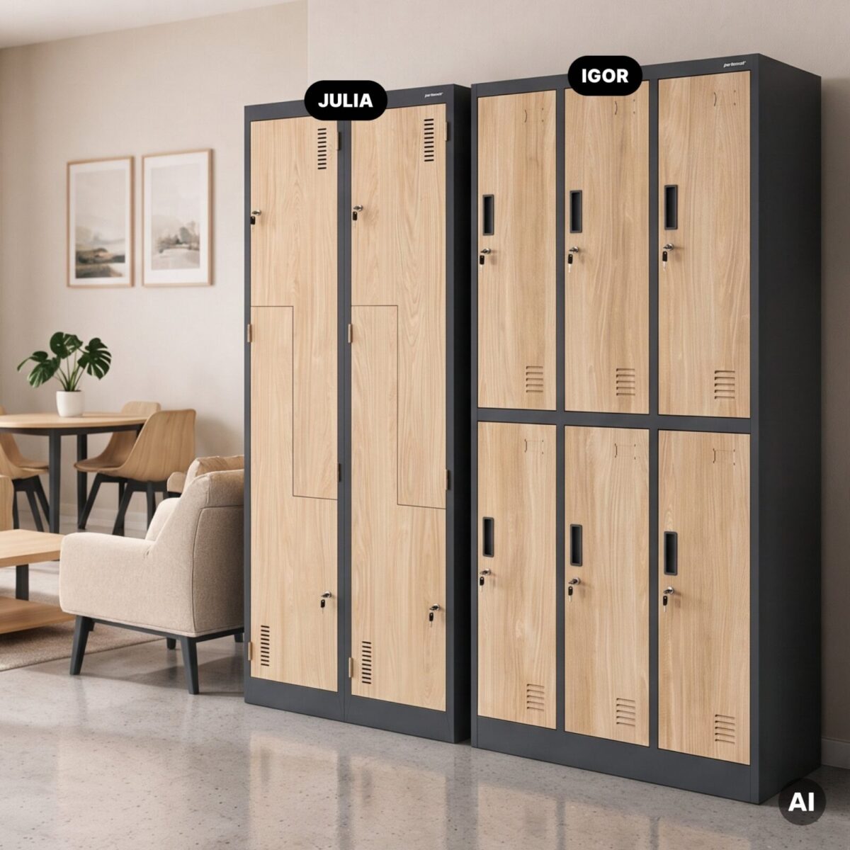 Szafa socjalna ubraniowa typu L, czterokomorowa, antracytowa/dąb sonoma, 800x1850x450 mm: JULIA Eco Design | Meble DUO 2259 julia antracytowy dab sonoma feature pl 03