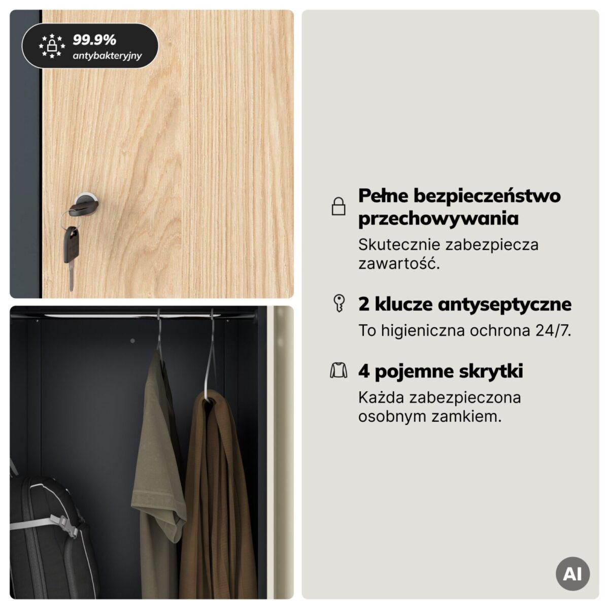 Szafa socjalna ubraniowa typu L, czterokomorowa, antracytowa/dąb sonoma, 800x1850x450 mm: JULIA Eco Design | Meble DUO 2259 julia antracytowy dab sonoma feature pl 04
