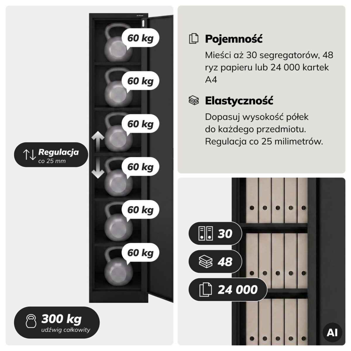 Szafa na akta kartotekowa na klucz wysoka czarna, 450x2200x400 mm: ALEX H2200 | Meble DUO szafa biurowa jan nowak alex h2200 czarny pl 05 sku2006 feature