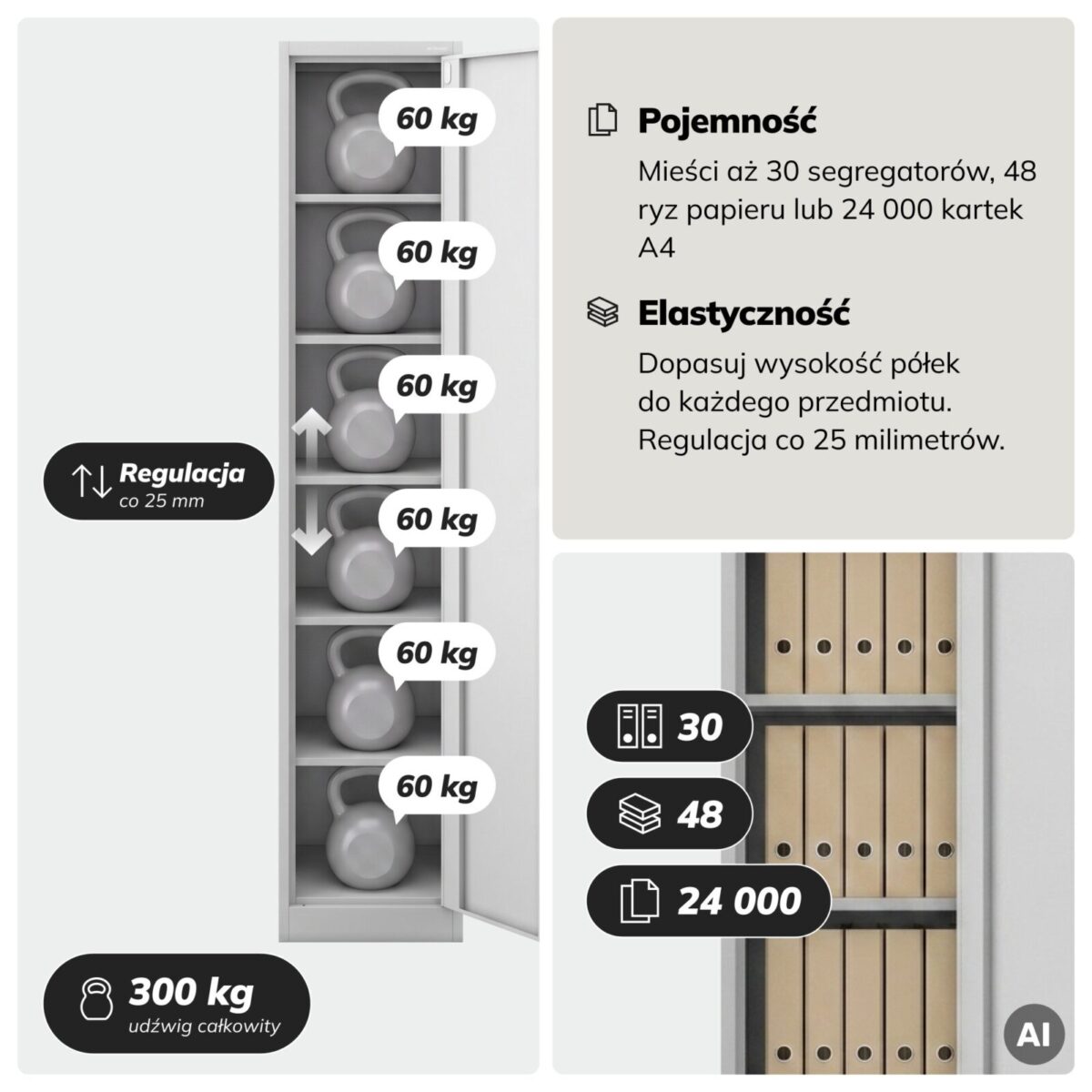 Szafa na akta kartotekowa na klucz wysoka szara, 450x2200x400 mm: ALEX H2200 | Meble DUO szafa biurowa jan nowak alex h2200 szary pl 05 sku2005 feature